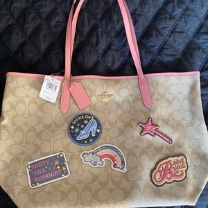 Coach Disney Cinderella Beige Tote with Pink Handles and Fun Patches